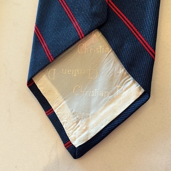 Vintage Christian Dior Red Diagonal Striped Navy Blue Embroidered Logo Necktie - Picture 2 of 5